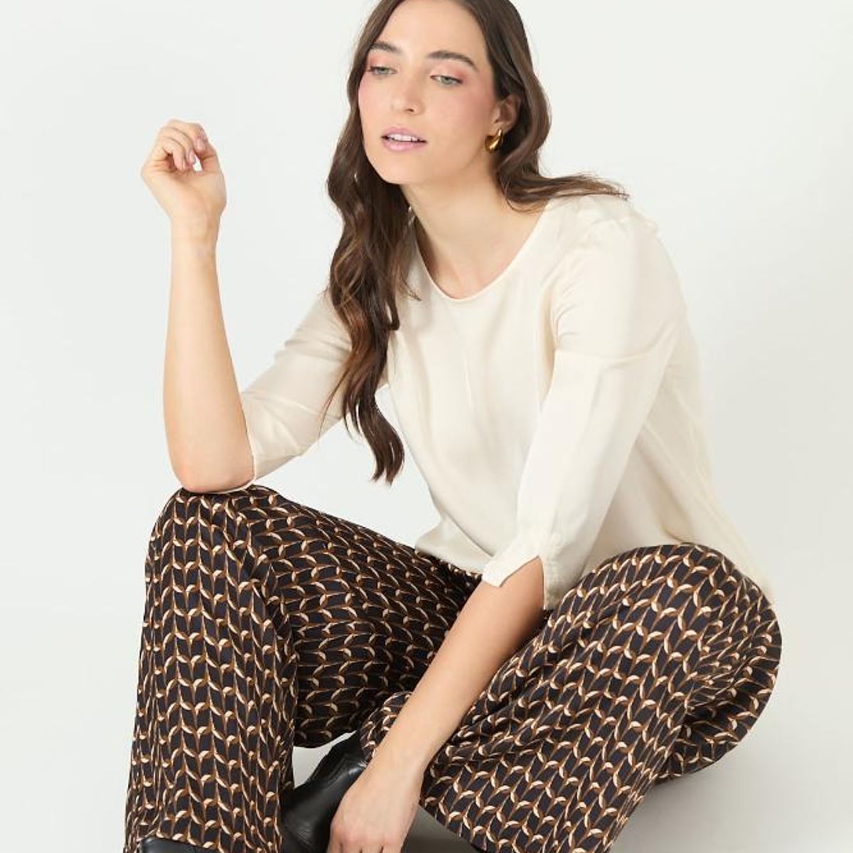 PRIVILEGE - Pantalon palazzo negro estampado 2246