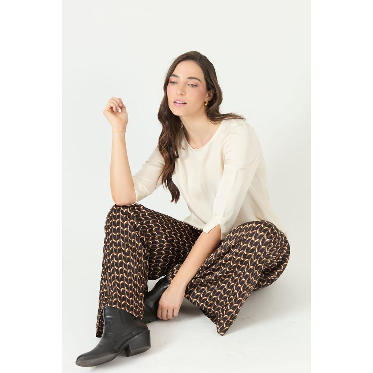 PRIVILEGE - Pantalon palazzo negro estampado 2246