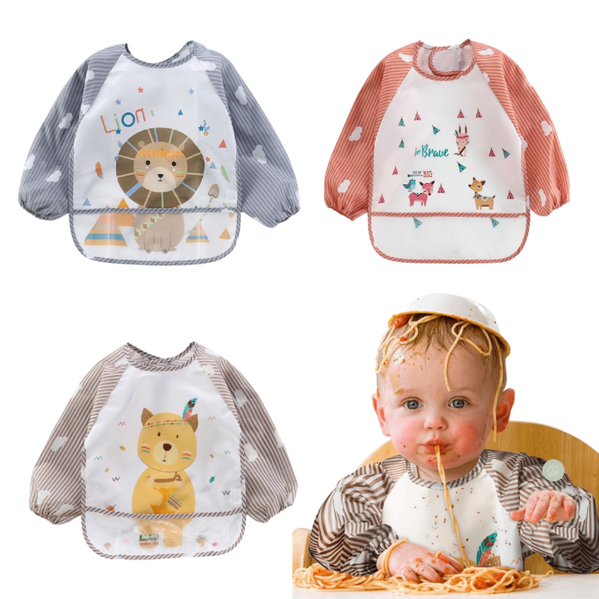 GARSIL - Pack 3 Delantal Babero Impermeable Manga Larga 6-24 meses