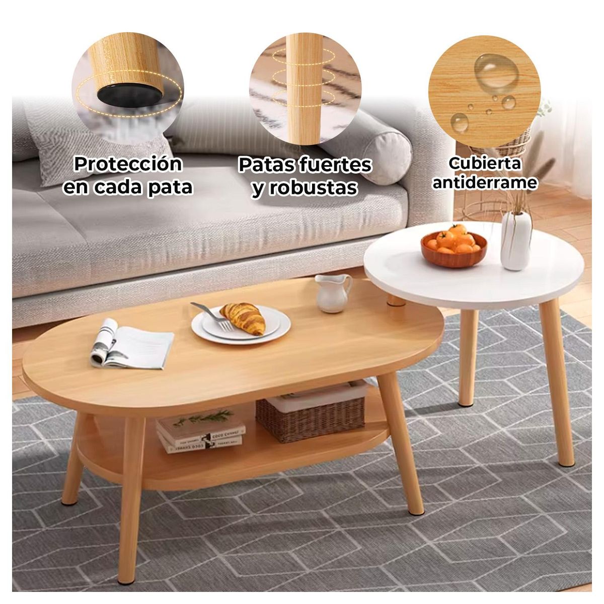GLOBAL LATIN GROUP - Mesa de Centro con Mesa Auxiliar Diseño Elegante - Marron claro