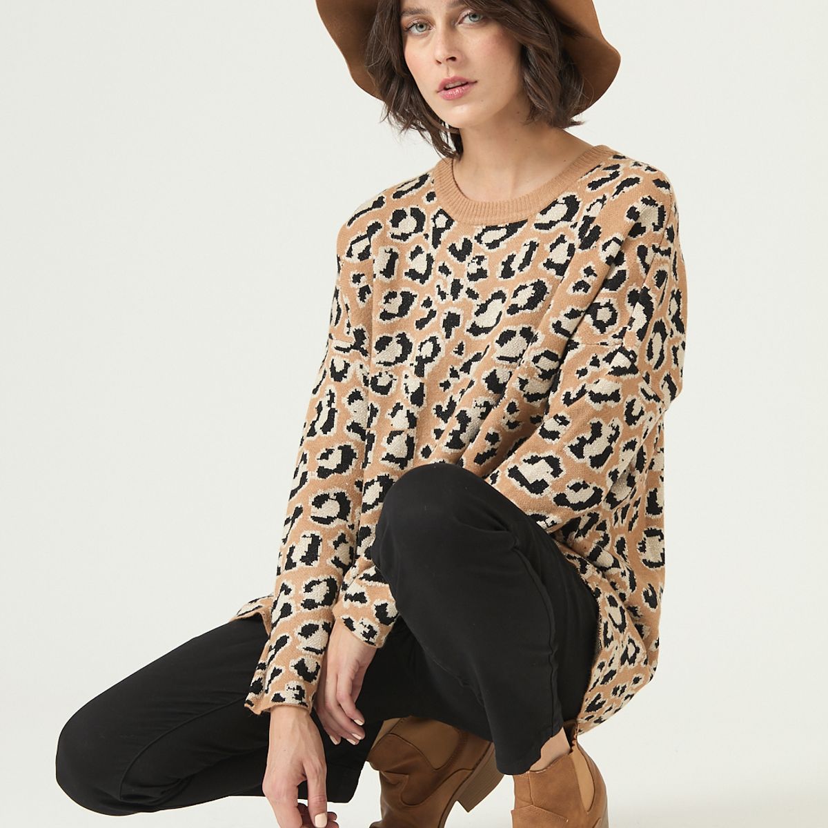 PRIVILEGE - Sweater camel animal print 2659