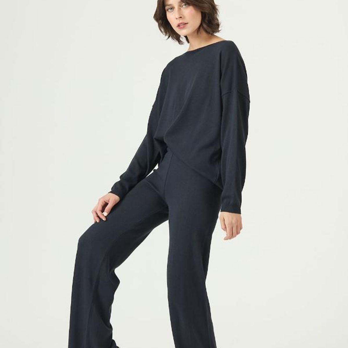 PRIVILEGE - Pantalon con lana straight azul marino 2688