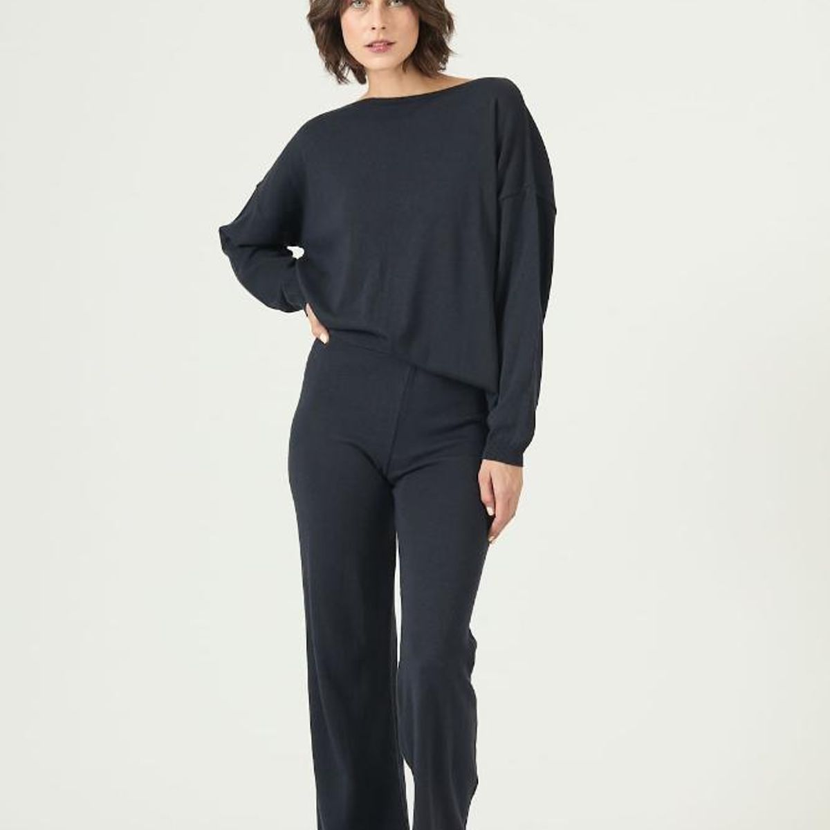 PRIVILEGE - Pantalon con lana straight azul marino 2688