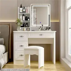 IDEEHOUSE - Tocador de Maquillaje Moderno con Espejo LED y Banqueta 100cm x 50cm x 142cm