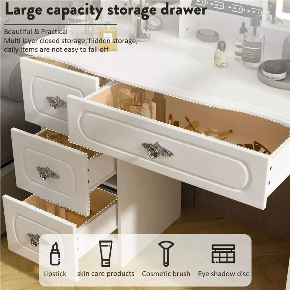 IDEEHOUSE - Tocador de Maquillaje Moderno con Espejo LED y Banqueta 100cm x 50cm x 142cm