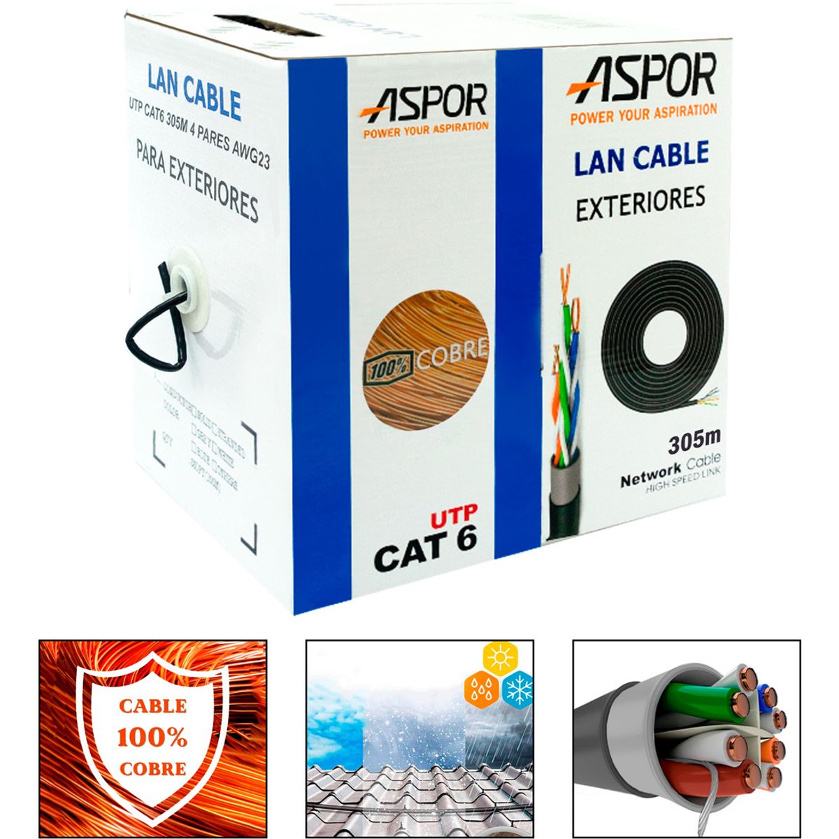 GENERICO - Bobina De Red Cat6a 100% Cobre 305m 23awg Para Exterior RJ45