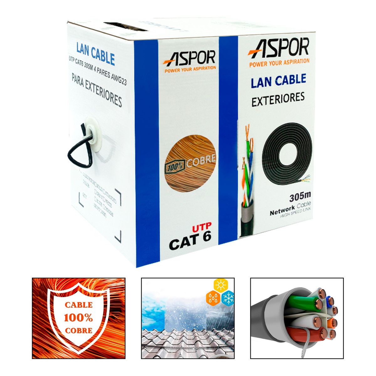 GENERICO - Bobina De Red Cat6a 100% Cobre 305m 23awg Para Exterior RJ45