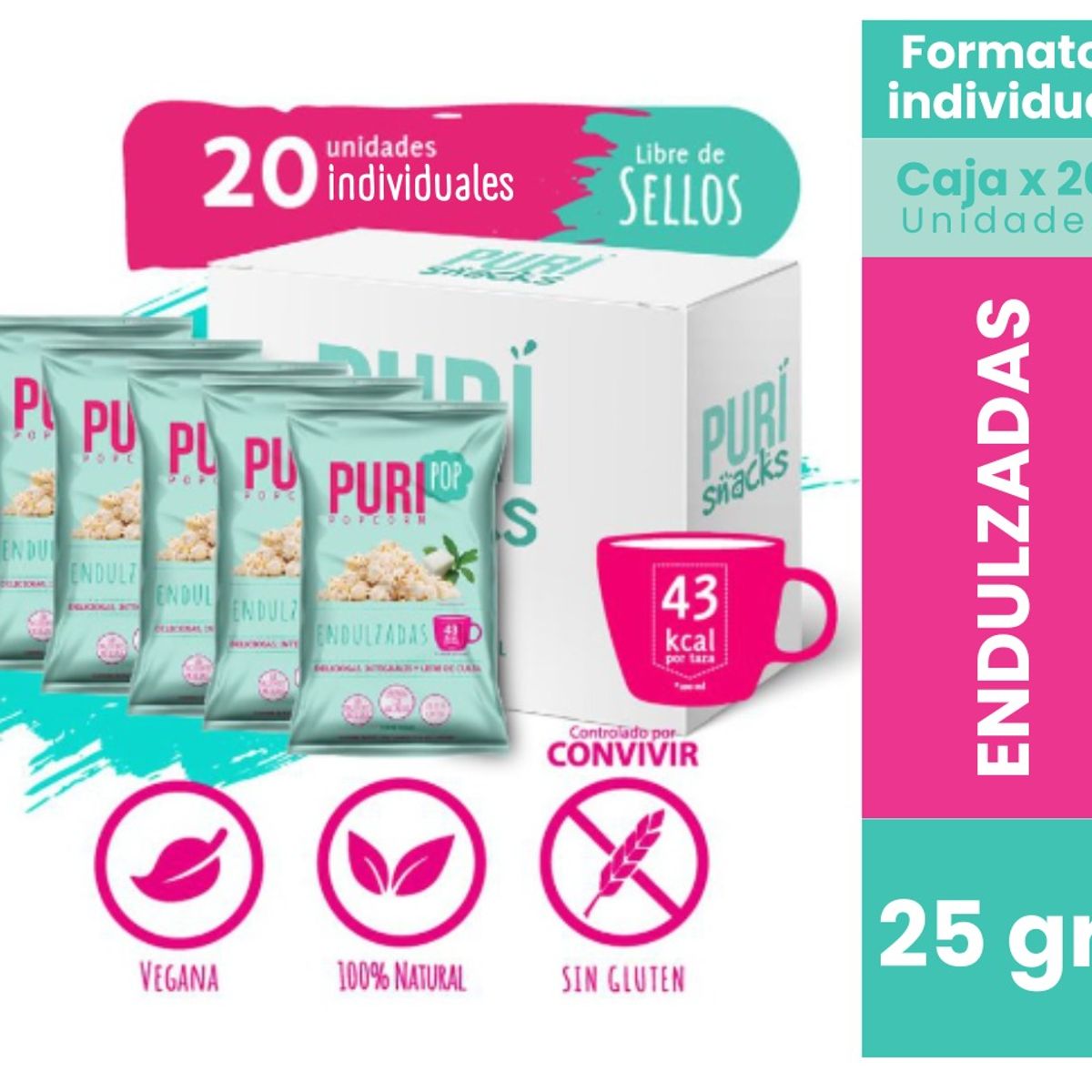 PURI POP - 20 Cabritas Puripop Popcorn Formato Individual Endulzada