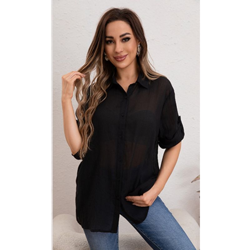 MPROPIA - Blusa Mujer Tipo Lino Algodón Manga Larga Premium Liviana Botones 8056