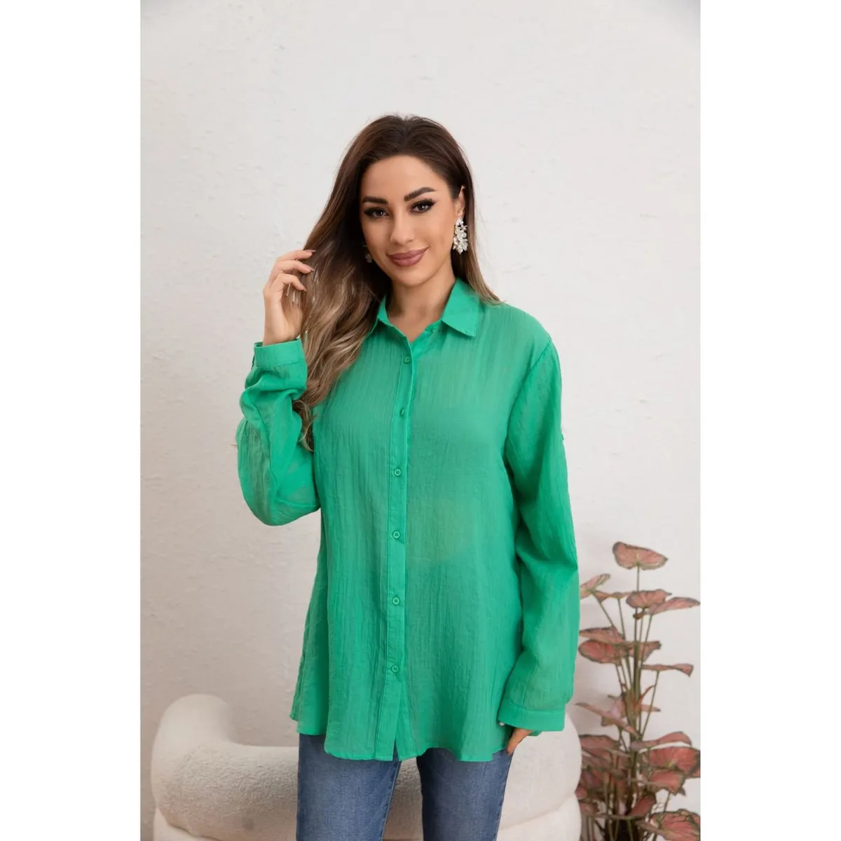LIKE SHOP - Blusa Mujer Tipo Lino Algodón Manga Larga Premium Liviana Botones 8056
