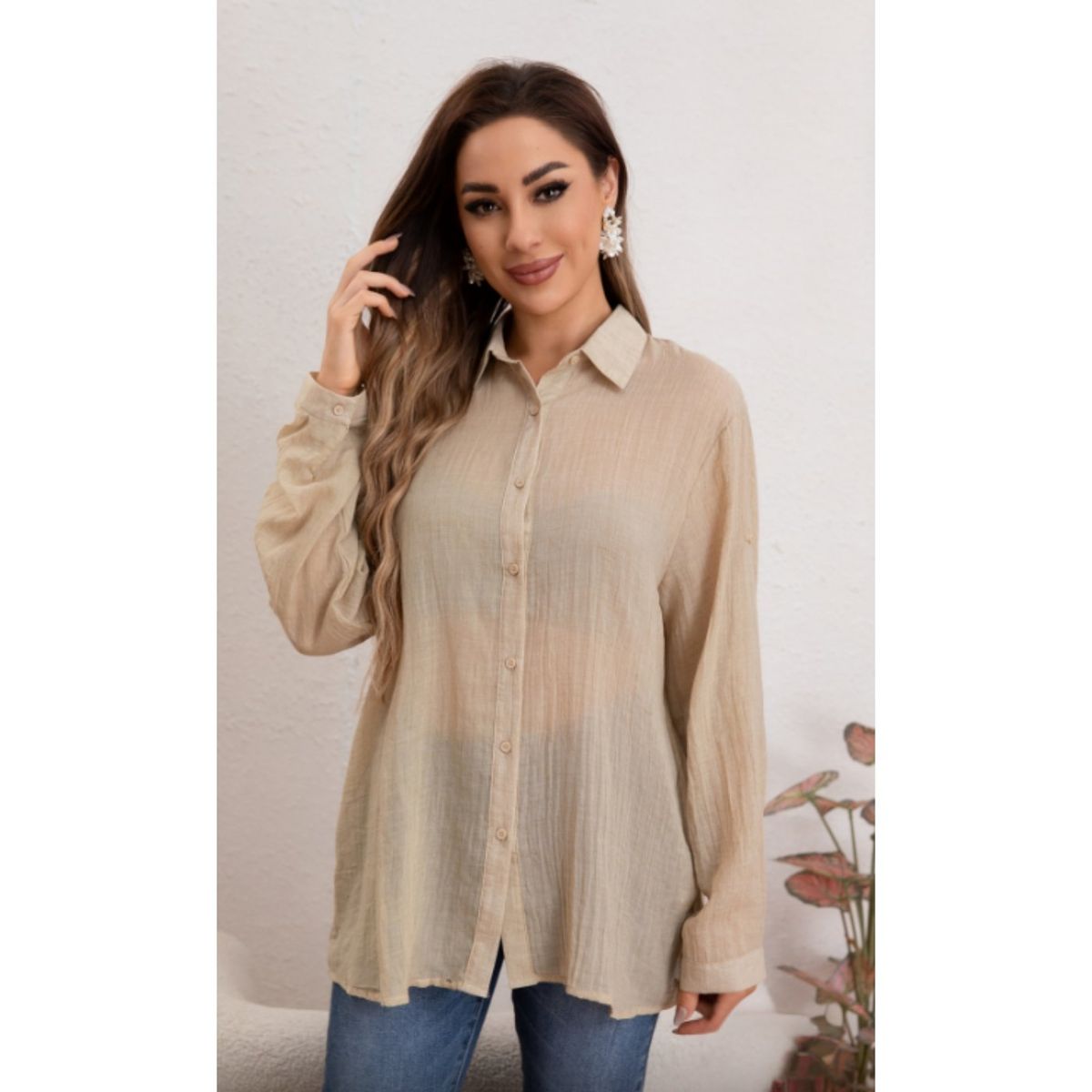 LIKE SHOP - Blusa Mujer Tipo Lino Algodón Manga Larga Premium Liviana Botones 8056