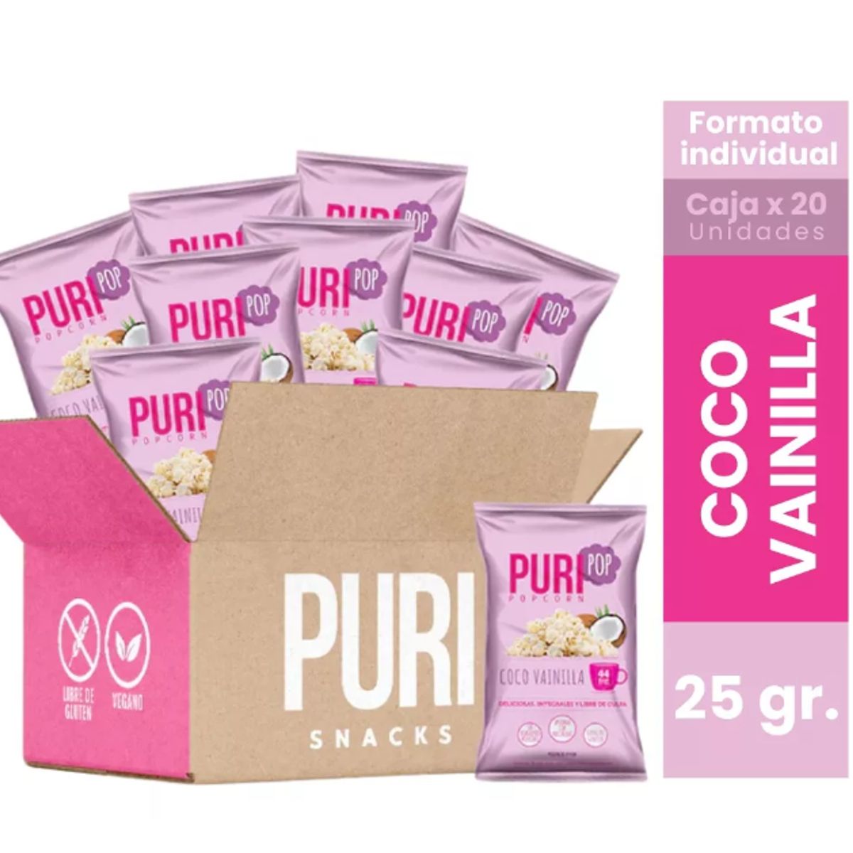 PURI POP - 20 Cabritas Puripop Popcorn Formato Individual Coco Vainilla