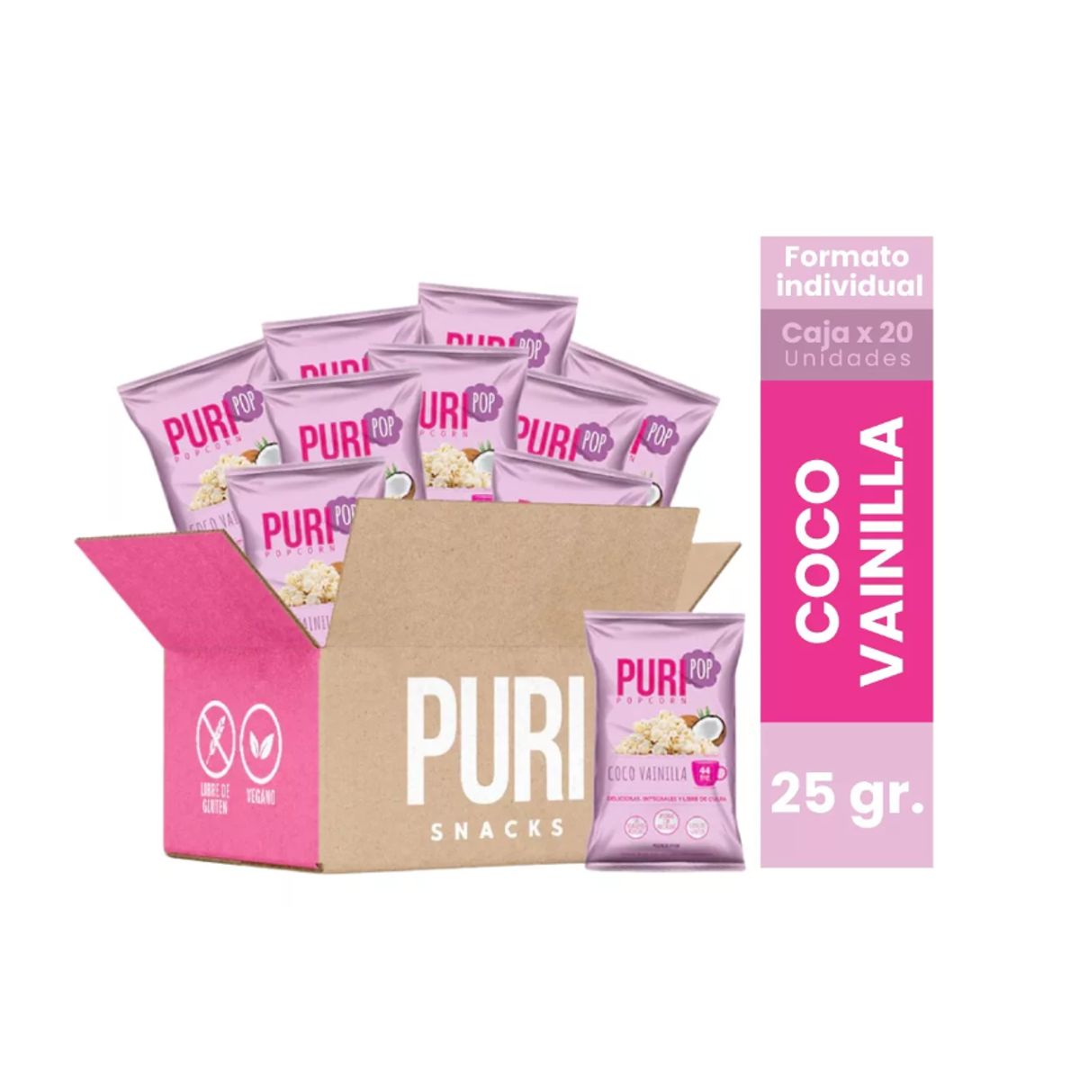 PURI POP - 20 Cabritas Puripop Popcorn Formato Individual Coco Vainilla