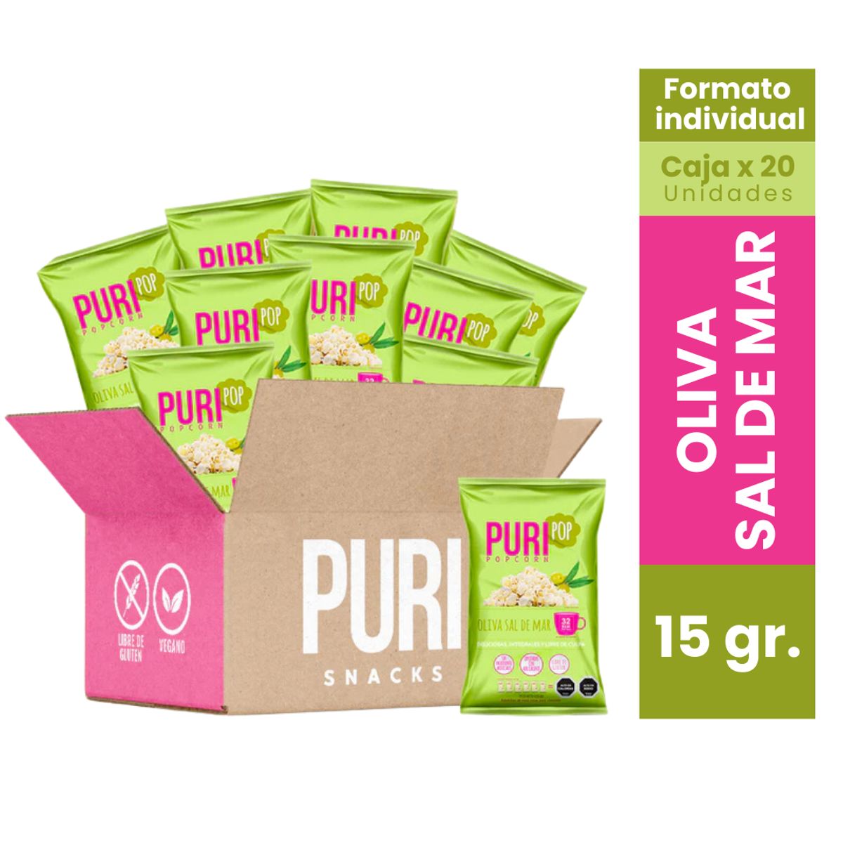 PURI POP - 20 Cabritas Puripop Popcorn Formato Individual Oliva de Mar