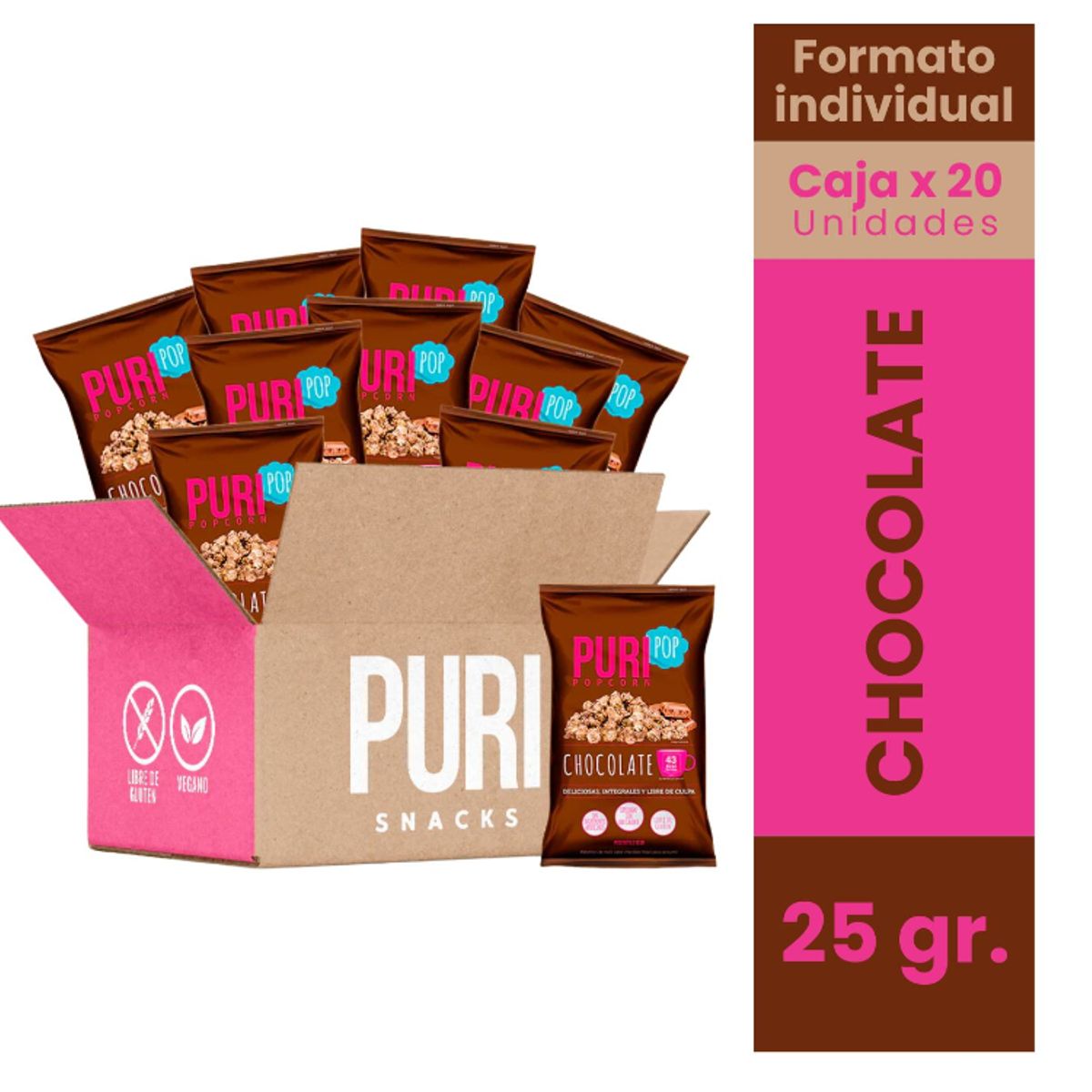 PURI POP - 20 Cabritas Puripop Popcorn Formato Individual Chocolate
