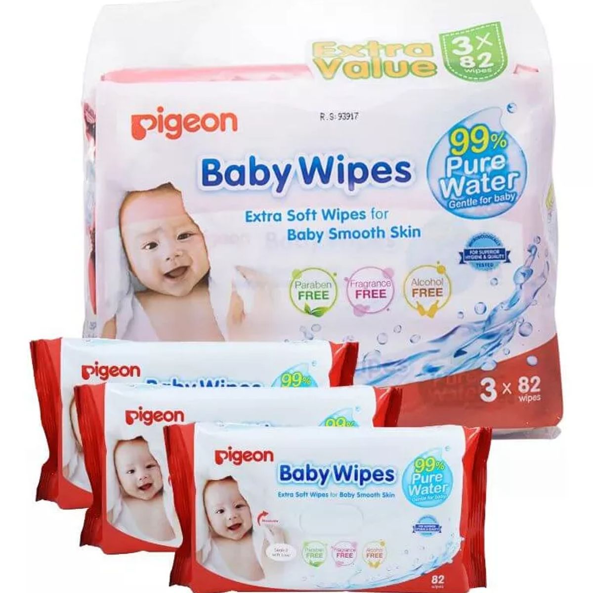 PIGEON - Toallitas Húmedas Wipes Bebe 99% Agua Pura Pack 3 X 82 uds