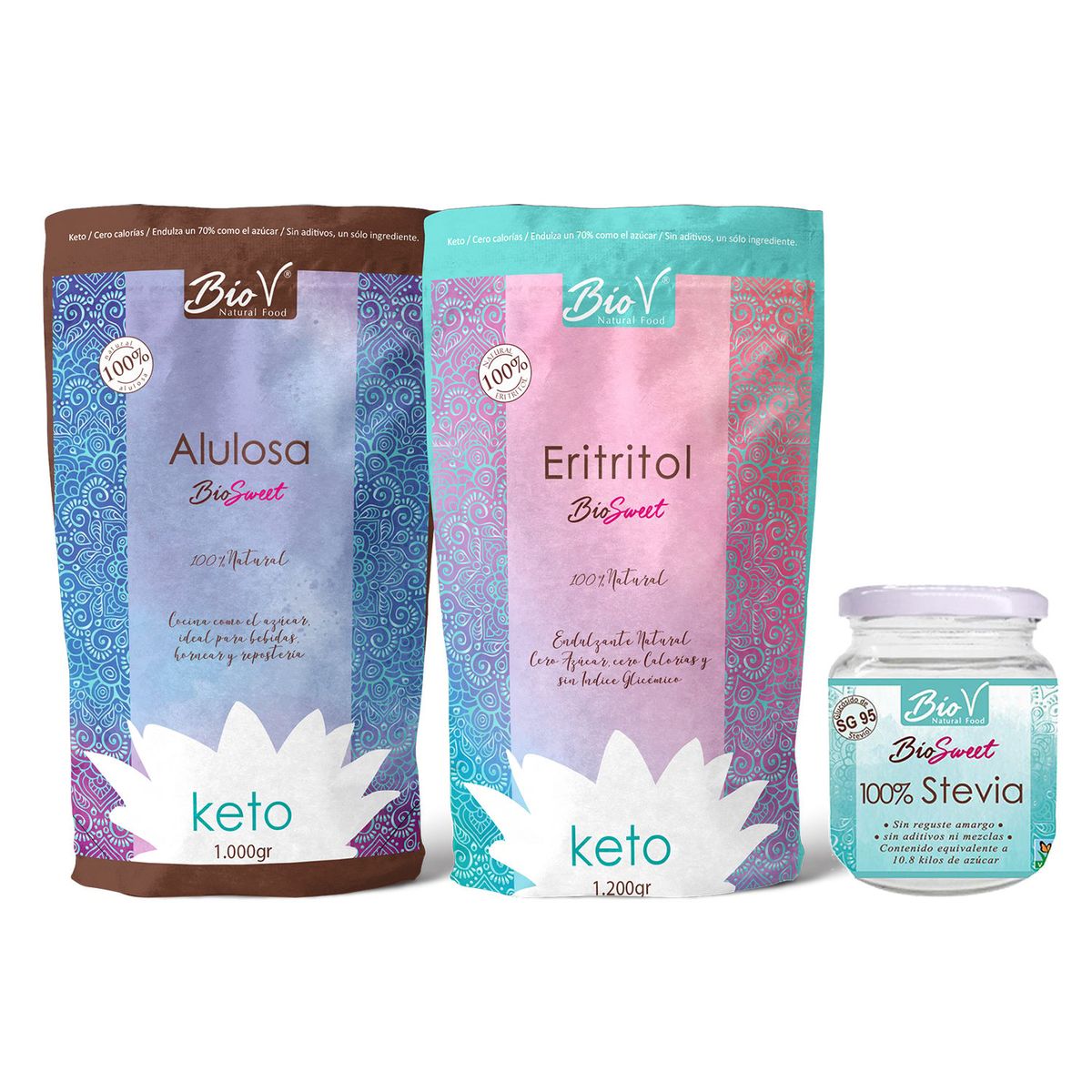 BIOV - Pack x3 Alulosa 1kg Erititrol 120kg Stevia 40gr Bio V