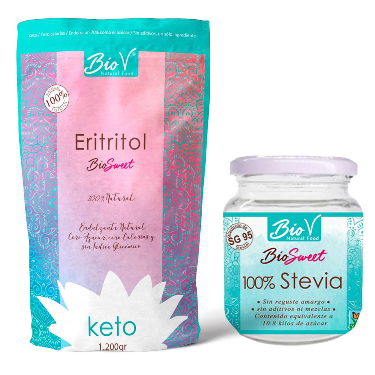 BIOV - Pack x2 Erititrol 1200gr Stevia Sg95 40gr Sin Gluten Bio V