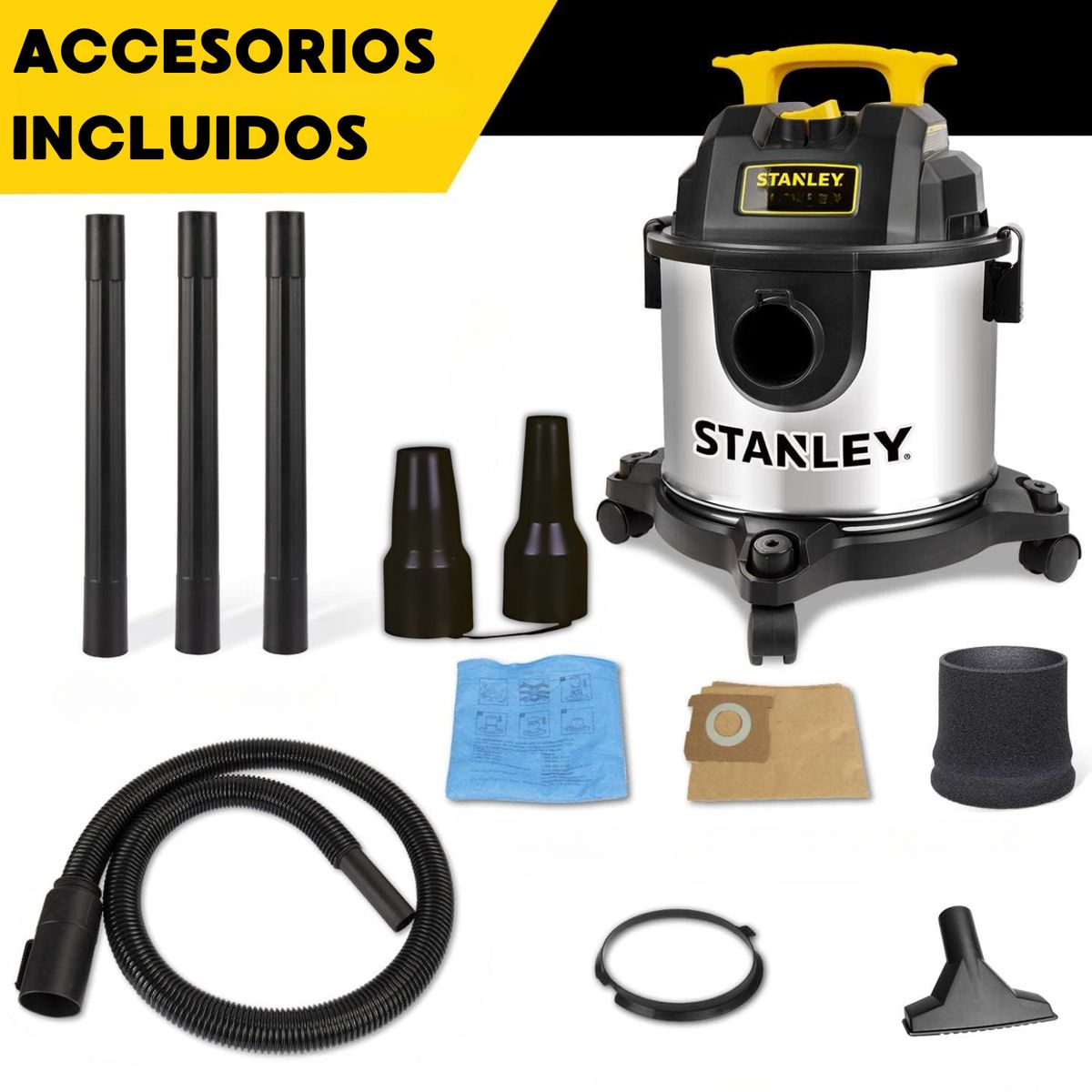 STANLEY - Aspiradora y Sopladora Stanley de Acero Inoxidable 15LT Aspira en Seco y Húmedo