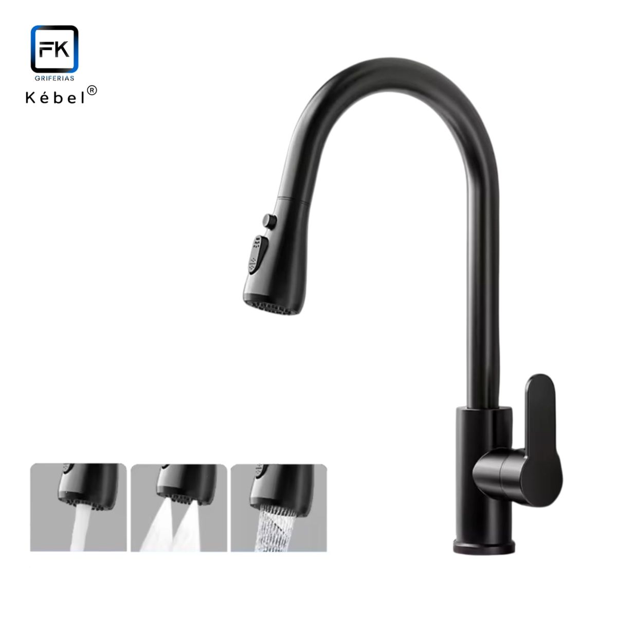 GENERICO - Llave Monomando Lavaplatos Retráctil 3 Funciones Matte Black FK