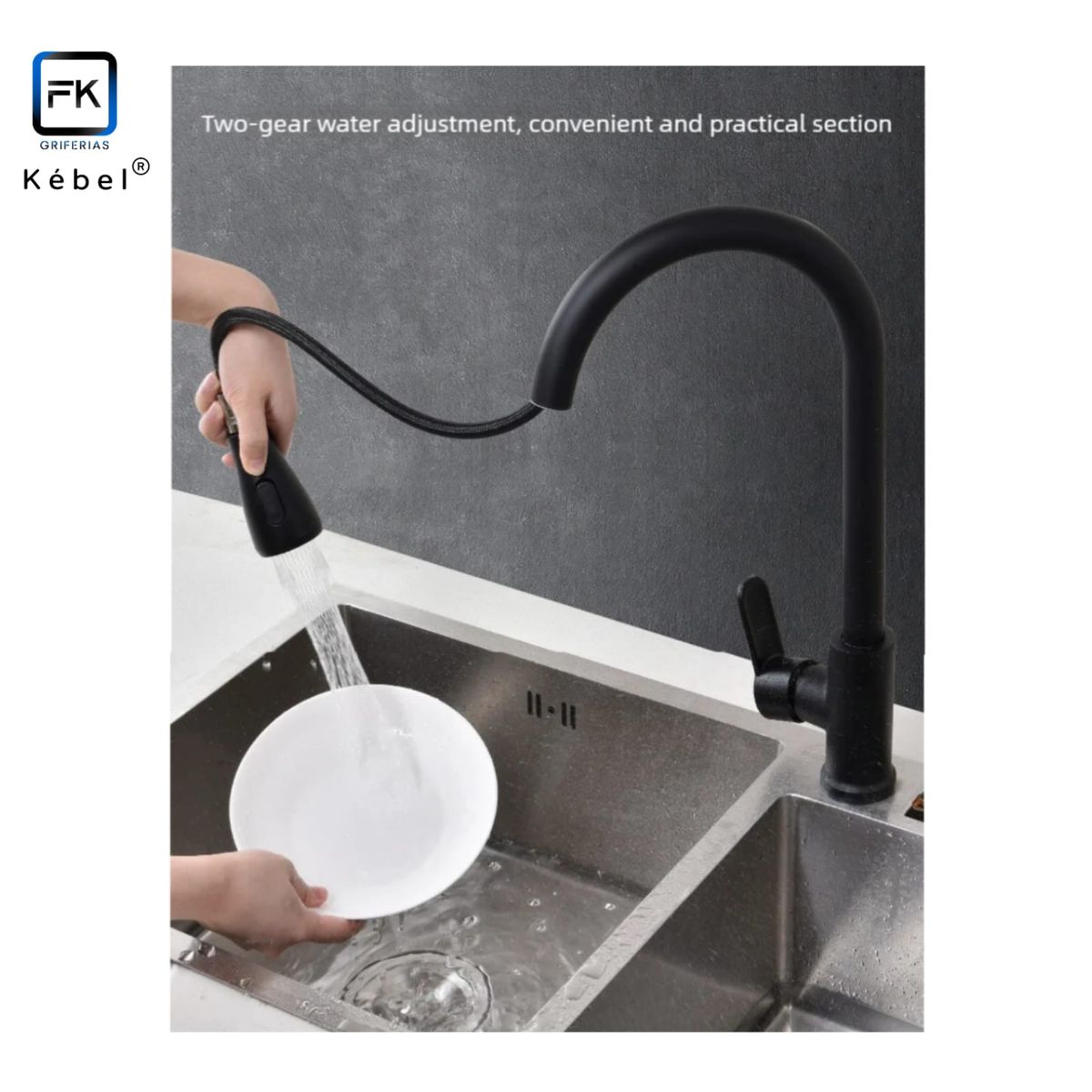 GENERICO - Llave Monomando Lavaplatos Retráctil 3 Funciones Matte Black FK