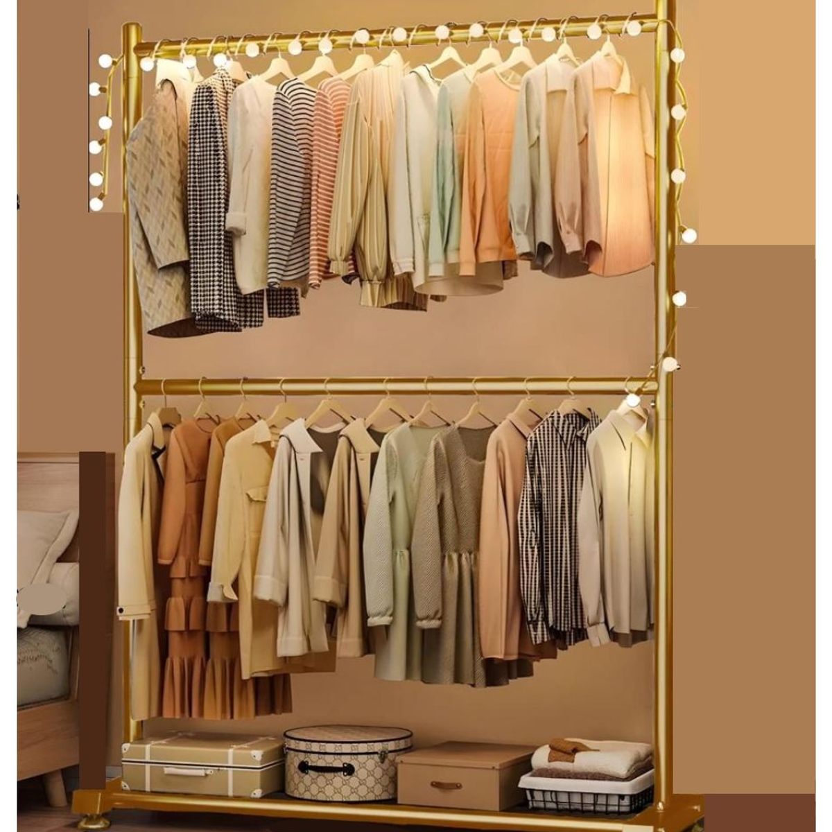 GENERICO - PERCHERO MODERNO DOBLE PISO ORGANIZADOR DE ROPA DORADO