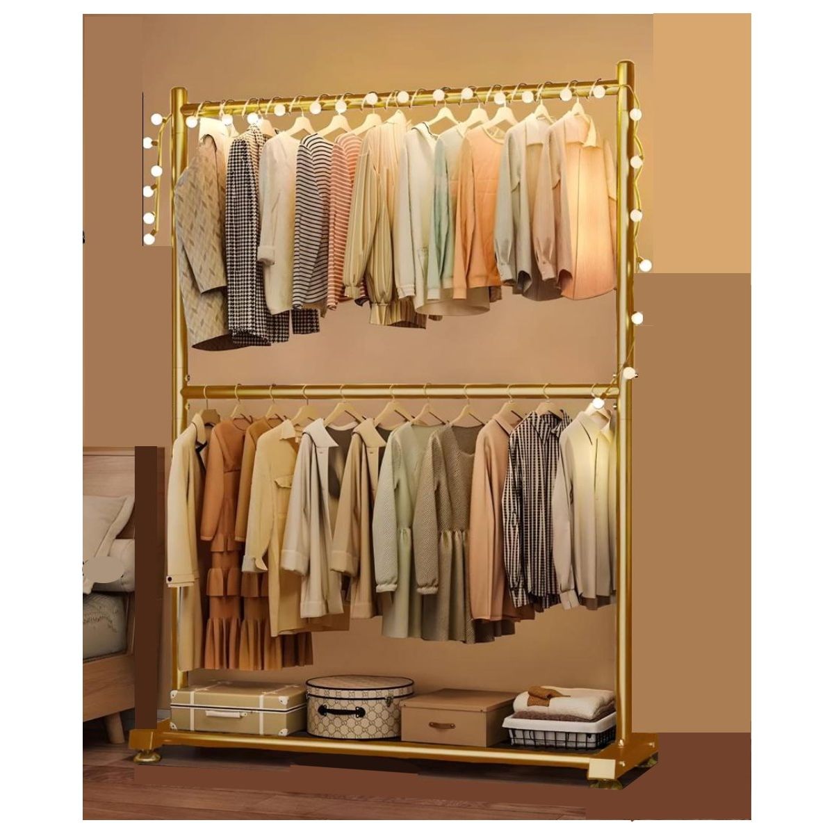 GENERICO - PERCHERO MODERNO DOBLE PISO ORGANIZADOR DE ROPA DORADO