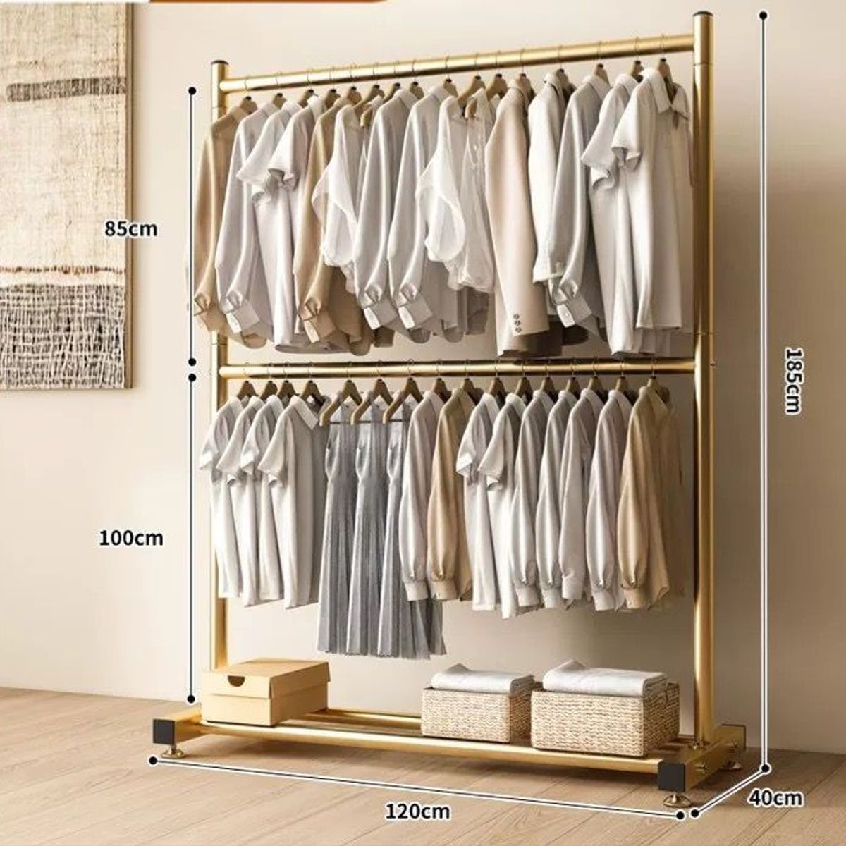 GENERICO - PERCHERO MODERNO DOBLE PISO ORGANIZADOR DE ROPA DORADO