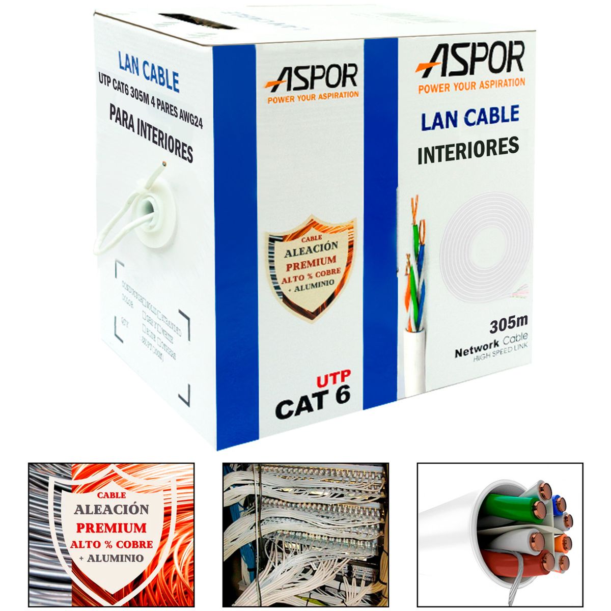 GENERICO - Bobina Cable Red Utp Cat6a 24awg 305m Para Interior RJ45