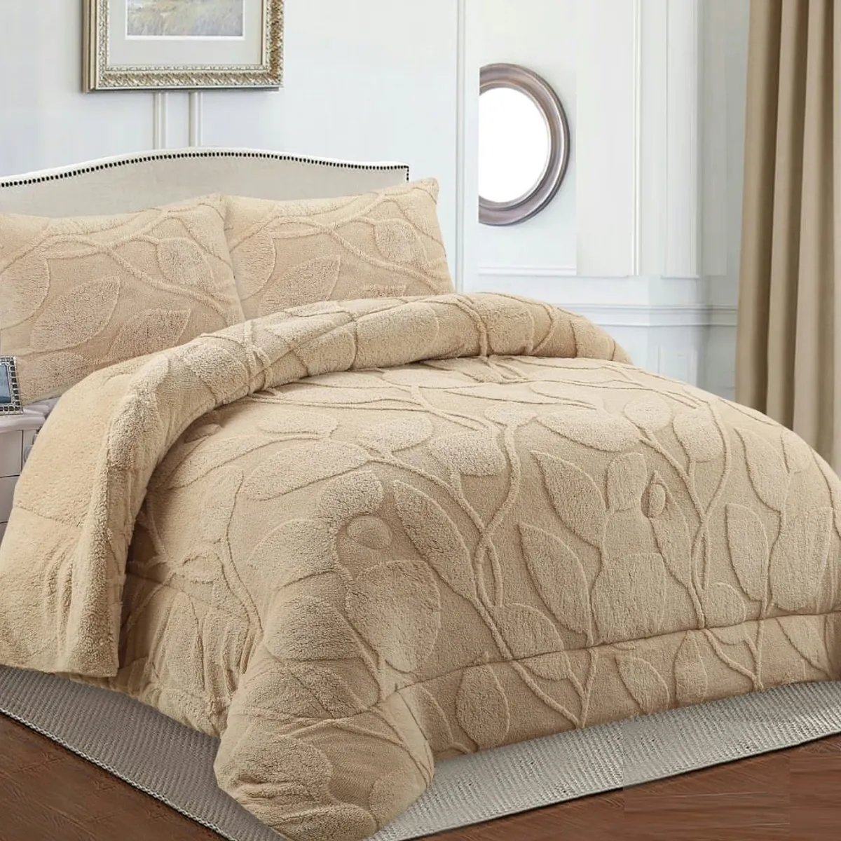 GENERICO - PLUMON 2 PLAZA TEXTURIZADO RELIEVE DE HOJAS BEIGE CON CHIPORRO TF