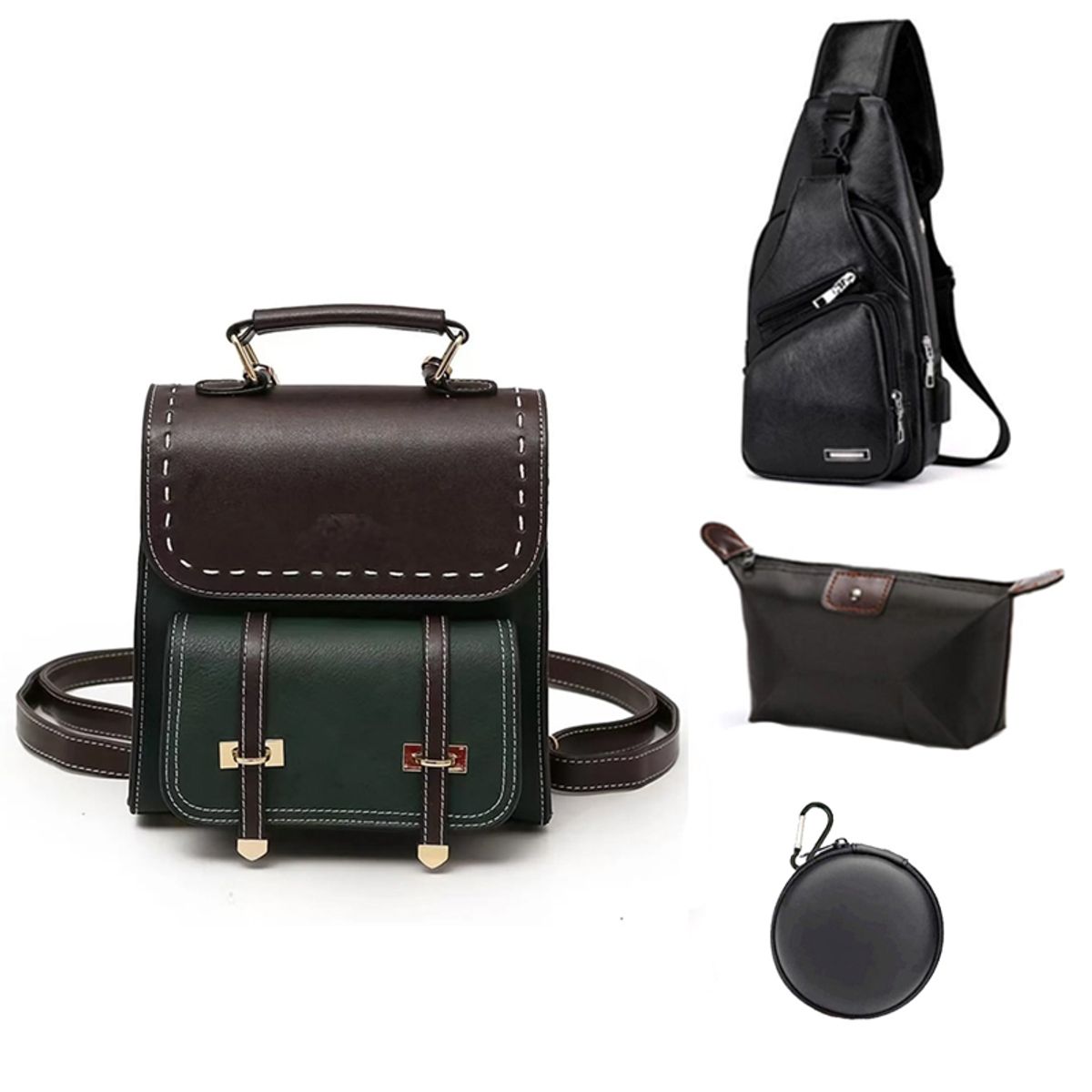 BRO TOUMI - Mochila Bee-GOCI Vintage de cuero para mujer-Negro