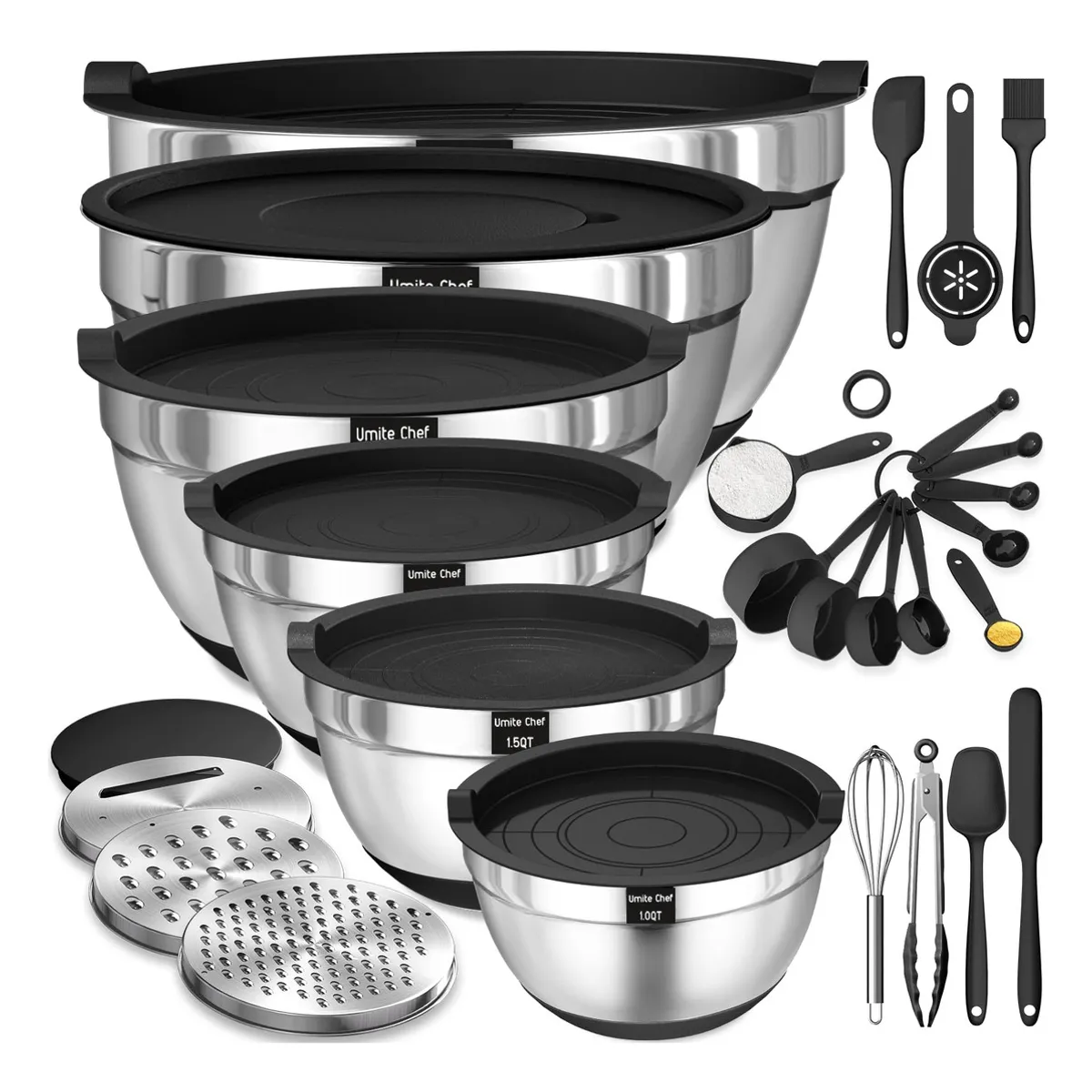 EVERSO - 6 Bowls Con Tapa Acero Inoxidable Antideslizante Negro