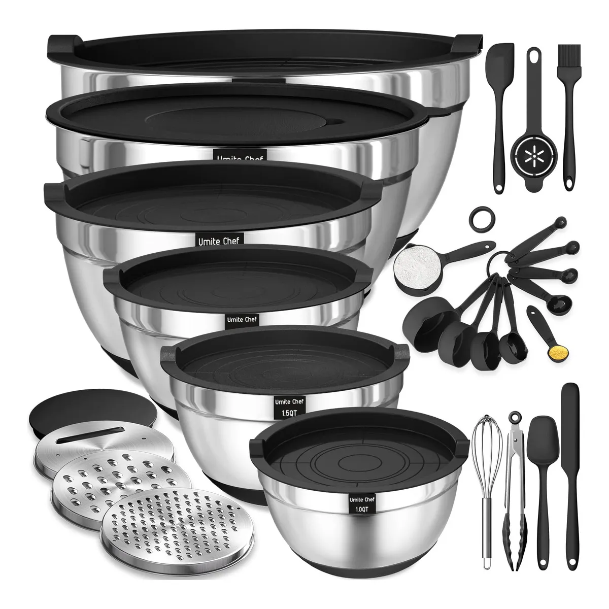 EVERSO - 6 Bowls Con Tapa Acero Inoxidable Antideslizante Negro