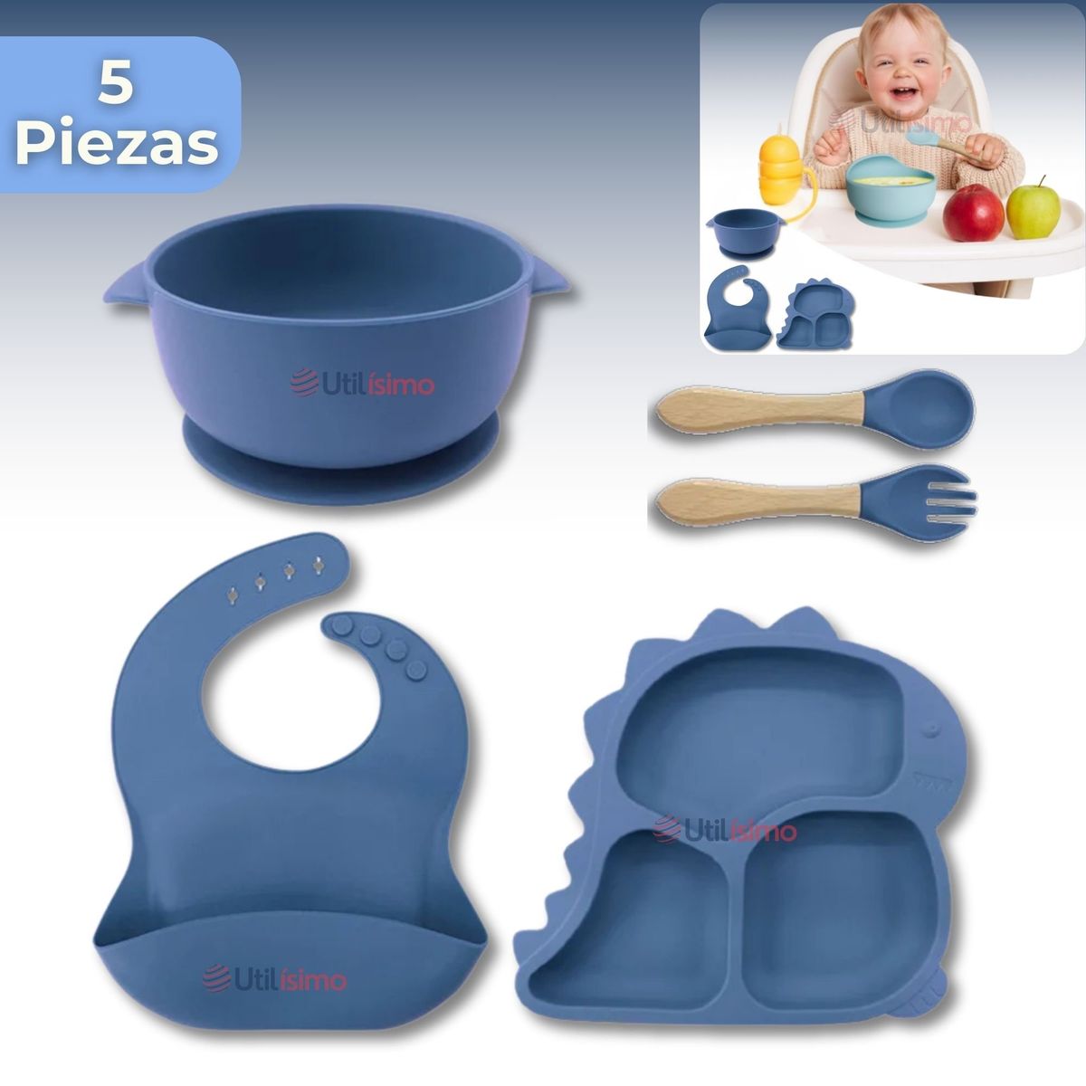 UTILISIMO - Set Alimentación Bebé Silicona 5 Piezas Dinosaurio Libre BPA
