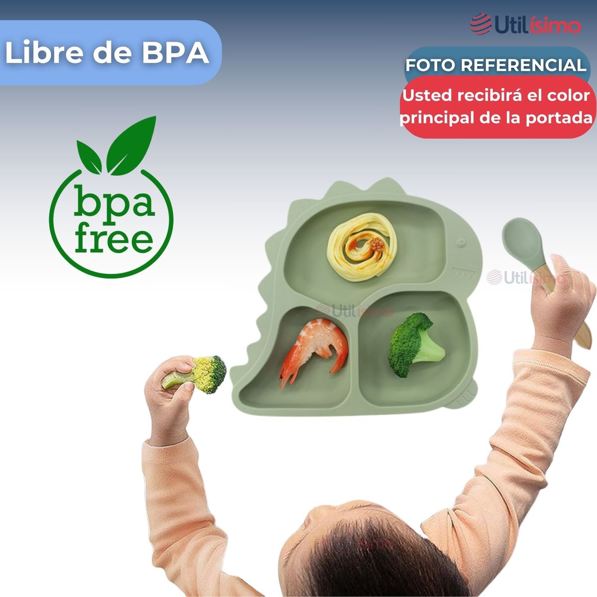 UTILISIMO - Set Alimentación Bebé Silicona 5 Piezas Dinosaurio Libre BPA