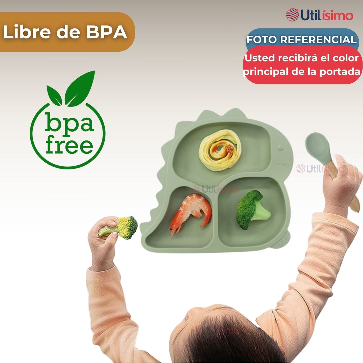 UTILISIMO - Set Alimentación Bebé Silicona 5 Piezas Dinosaurio Libre BPA