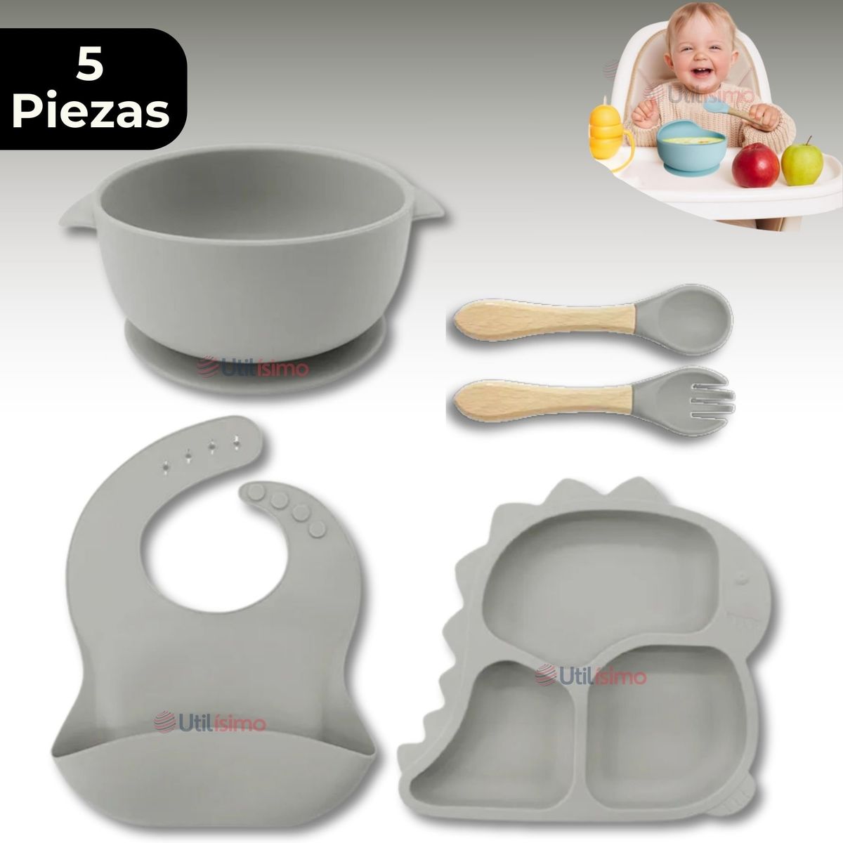 UTILISIMO - Set Alimentación Bebé Silicona 5 Piezas Dinosaurio Libre BPA