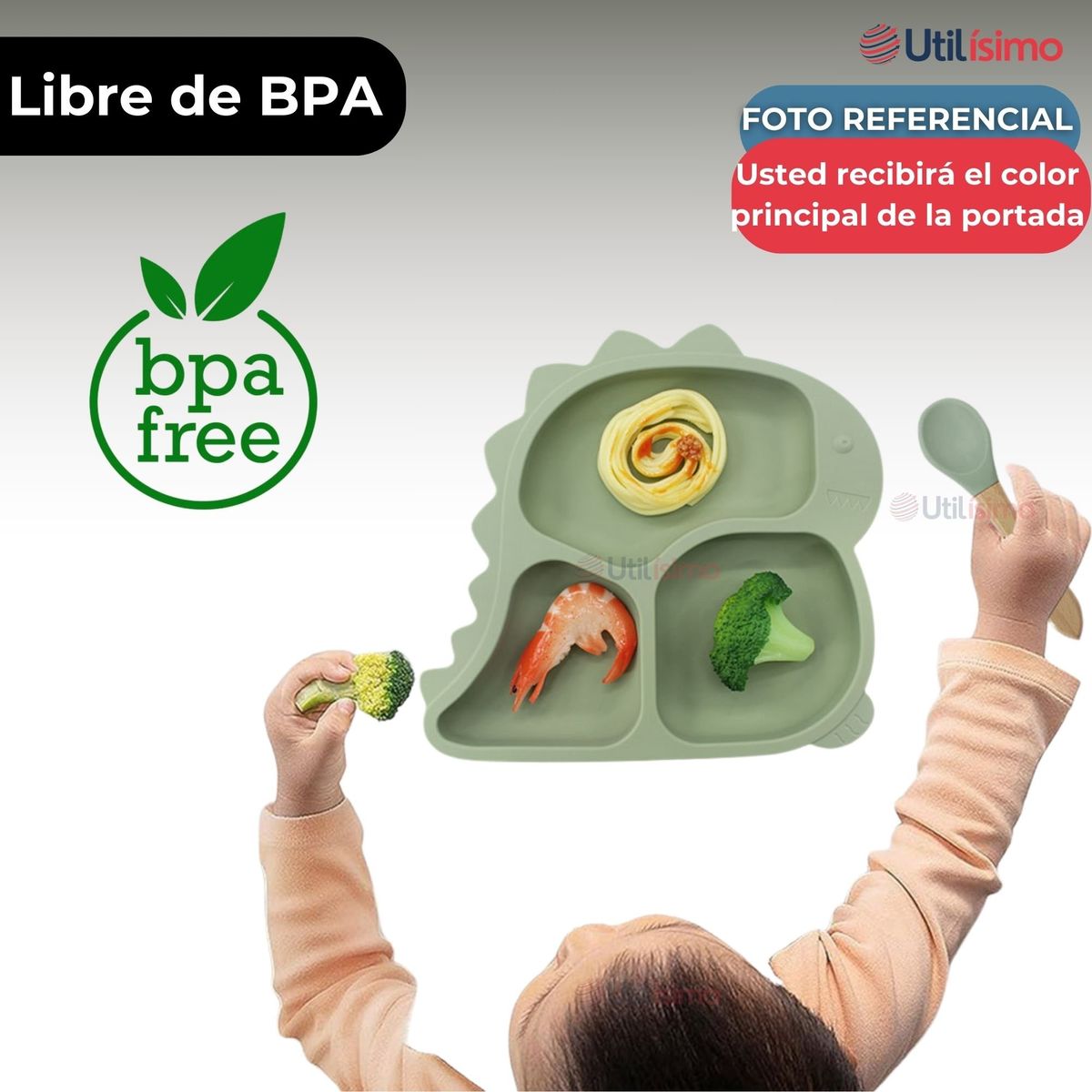 UTILISIMO - Set Alimentación Bebé Silicona 5 Piezas Dinosaurio Libre BPA