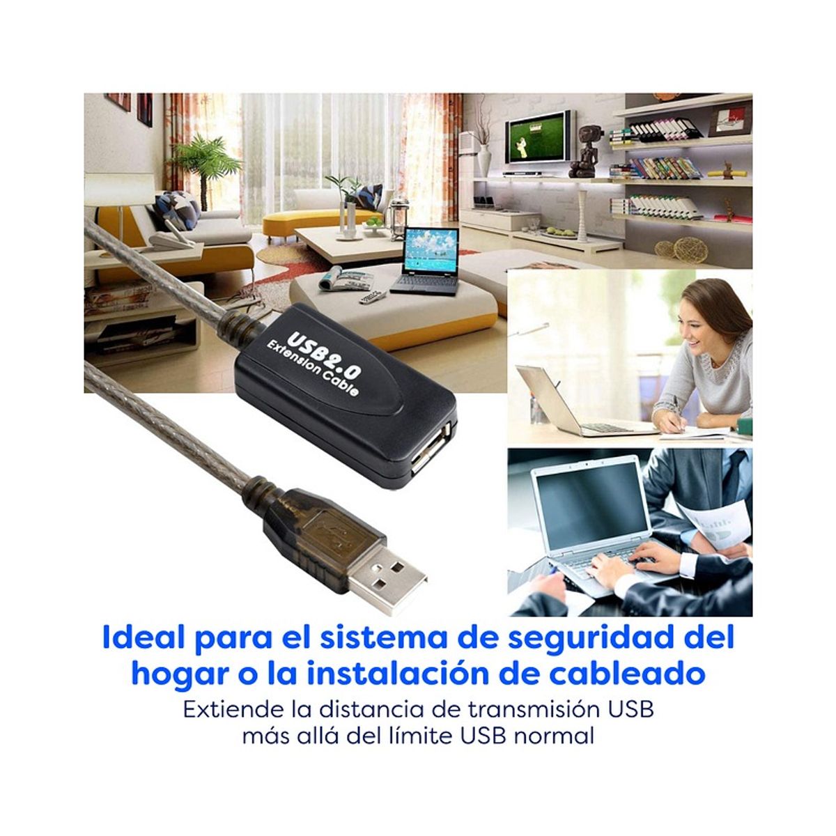 DM - Extensión Cable USB Activo 20 Metros – Blindado, Sin Pérdida, Color Gris Oscuro