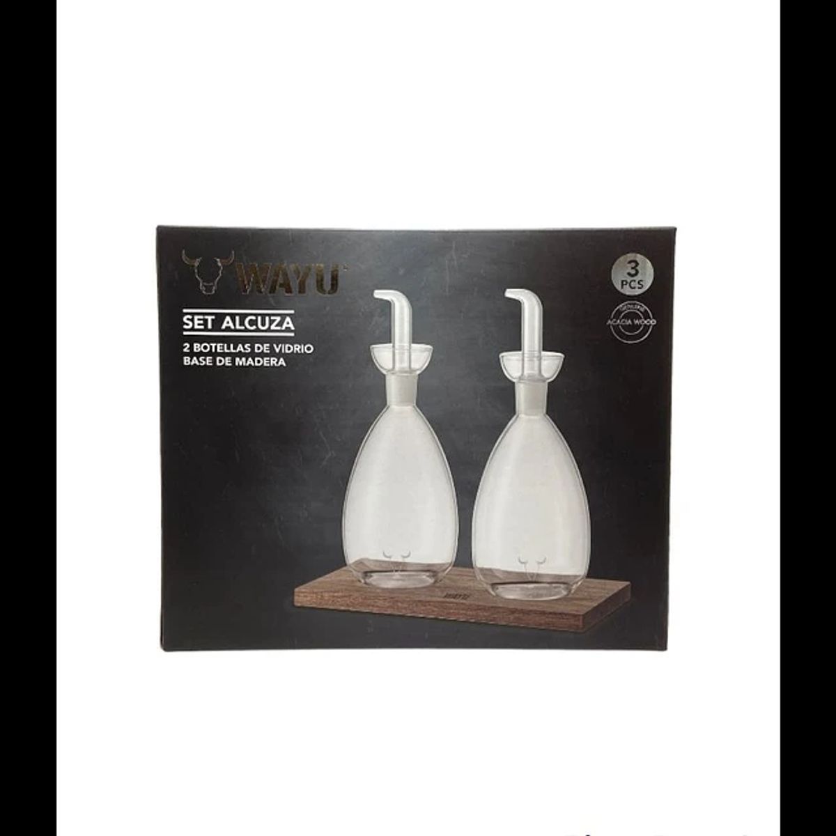 WAYU - Set 2 Alcuza Vidrio Con Base Madera Wayu Cocina Accesorios