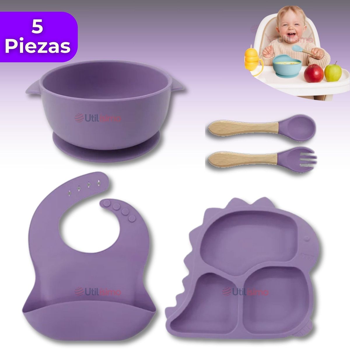 UTILISIMO - Set Alimentación Bebé Silicona 5 Piezas Dinosaurio Libre BPA