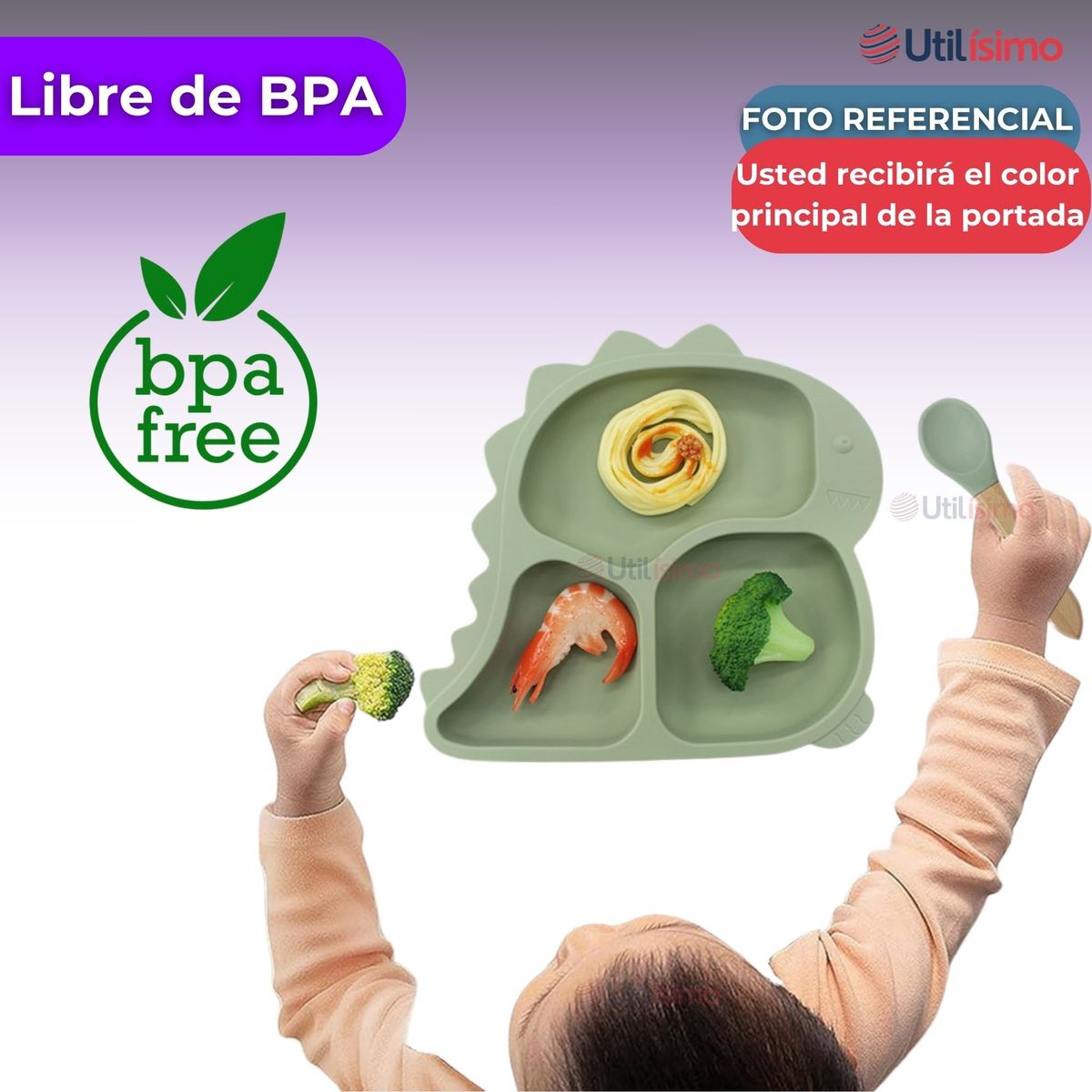 UTILISIMO - Set Alimentación Bebé Silicona 5 Piezas Dinosaurio Libre BPA