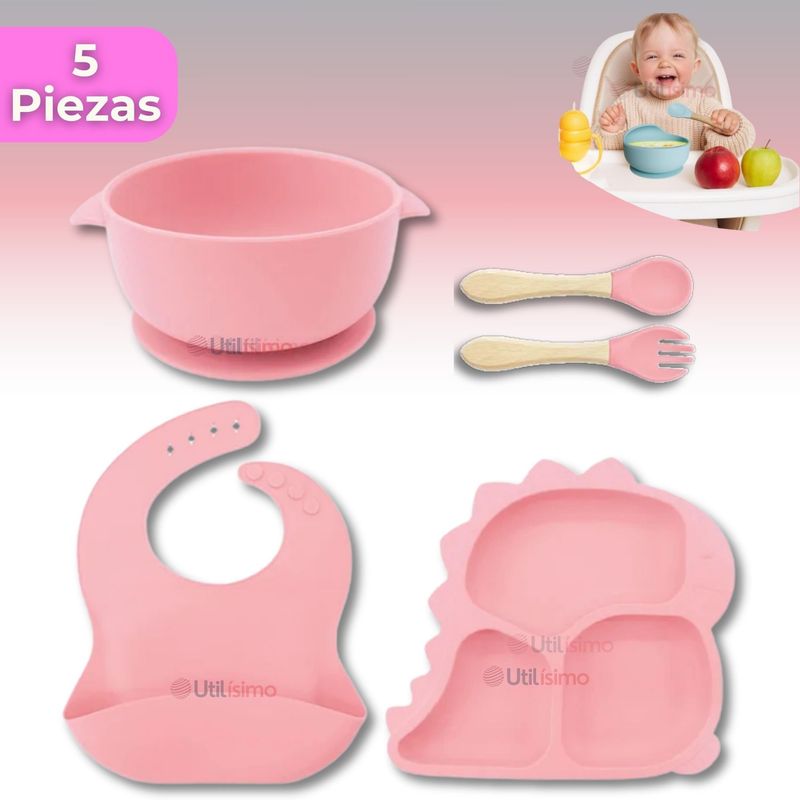 UTILISIMO - Set Alimentación Bebé Silicona 5 Piezas Dinosaurio Libre BPA