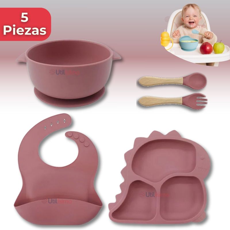 UTILISIMO - Set Alimentación Bebé Silicona 5 Piezas Dinosaurio Libre BPA