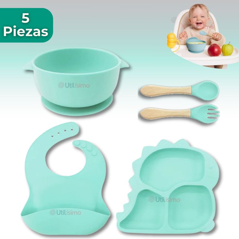 UTILISIMO - Set Alimentación Bebé Silicona 5 Piezas Dinosaurio Libre BPA
