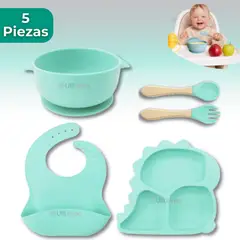 UTILISIMO - Set Alimentación Bebé Silicona 5 Piezas Dinosaurio Libre BPA