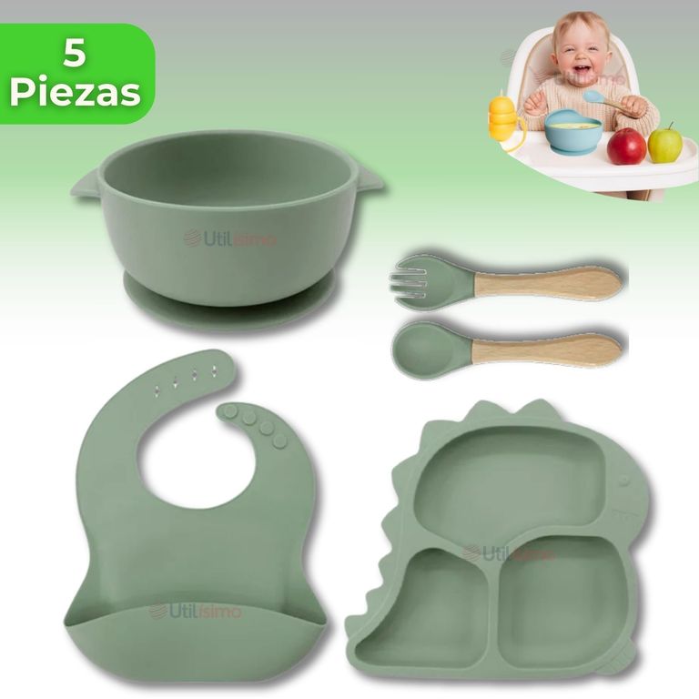 Set Alimentacion Bebe Silicona 5 Piezas Dinosaurio Libre BPA