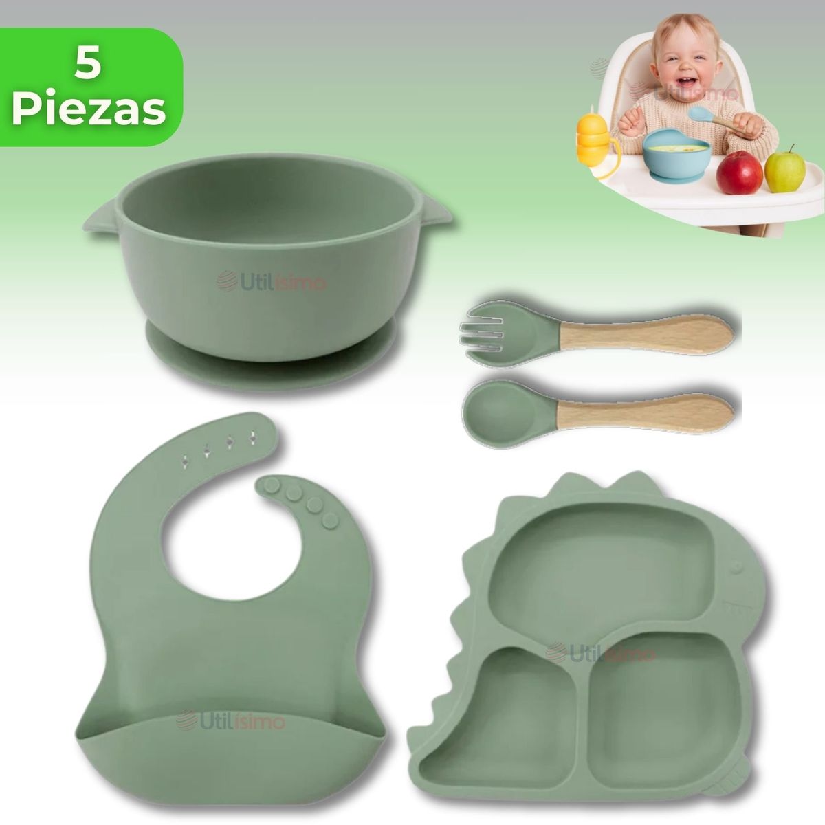 UTILISIMO - Set Alimentación Bebé Silicona 5 Piezas Dinosaurio Libre BPA