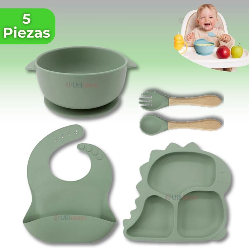 UTILISIMO - Set Alimentación Bebé Silicona 5 Piezas Dinosaurio Libre BPA
