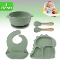 UTILISIMO - Set Alimentación Bebé Silicona 5 Piezas Dinosaurio Libre BPA